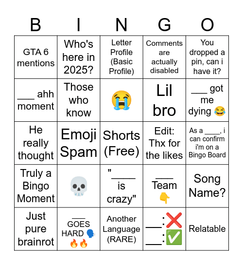 YouTube Shorts Bingo Card