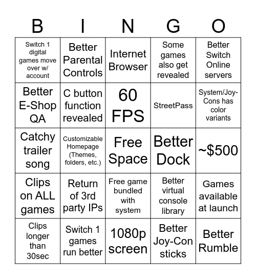 Switch Two Direct bingo Card