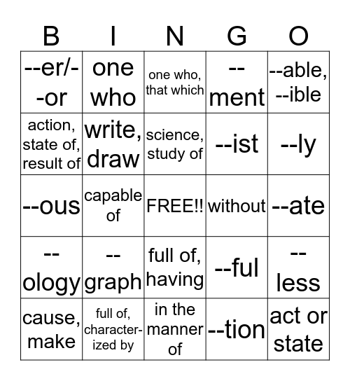 SUFFIX BINGO Card