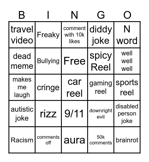 Instagram reel bingo Card