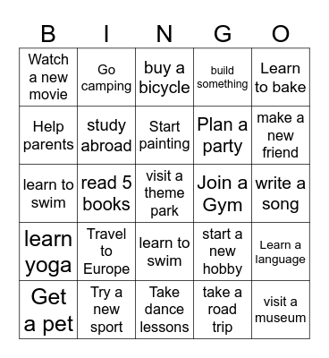 Holiday Activities Bingo Card