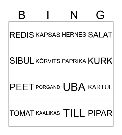 KÖÖGIVILJAD Bingo Card