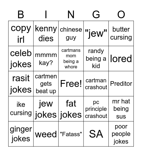 south park Bingo Card