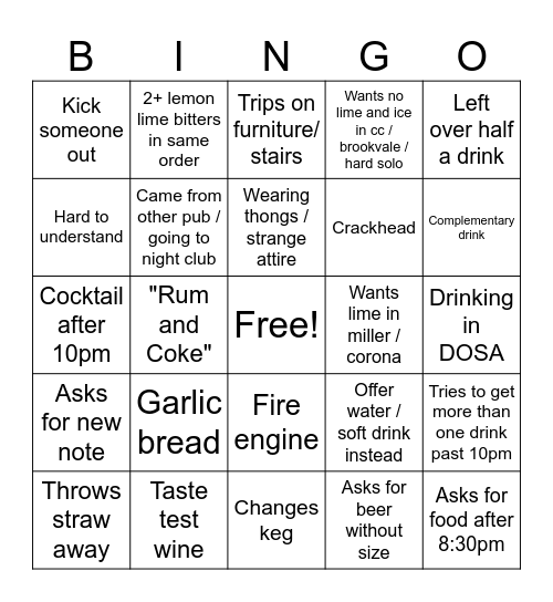 Crown Hotel Closing Bingo Card