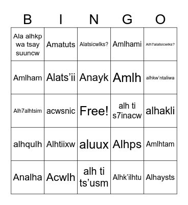 Nuxalk Language Bingo Card