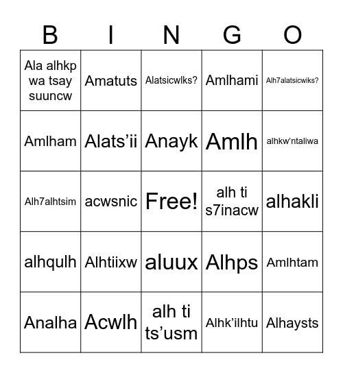 Nuxalk Language Bingo Card