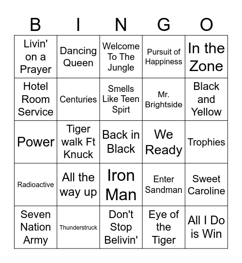 Game Day Songs Bingo Card