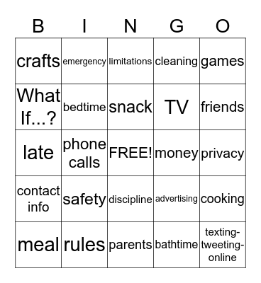 Baby Sitting Bingo Card