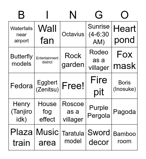 Demon Slayer ACNH Dream Island Bingo Card