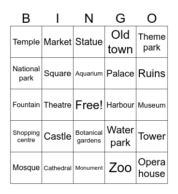Attractions Bingo Card