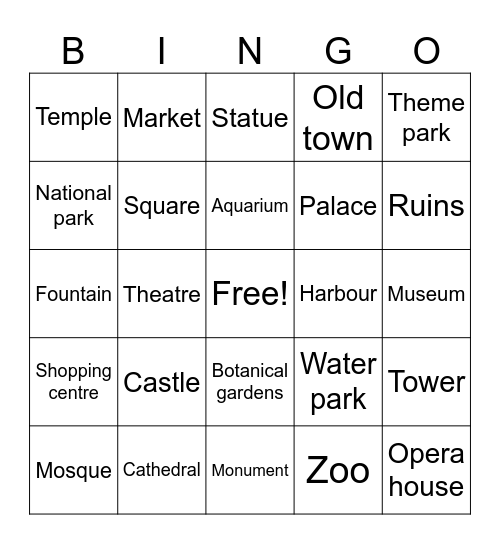 Attractions Bingo Card