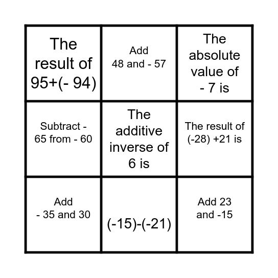 Negative Numbers Bingo Card