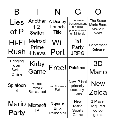 Nintendo Switch 2 Direct Bingo Card