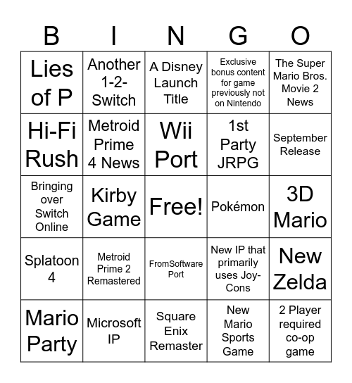 Nintendo Switch 2 Direct Bingo Card