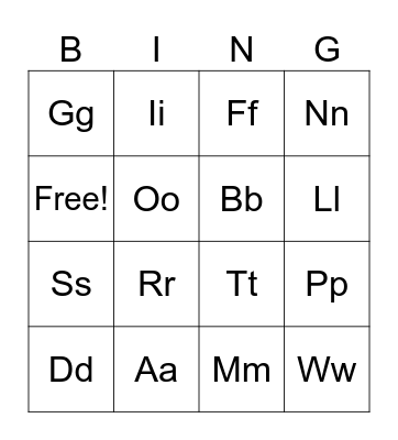 Letters Bingo Card