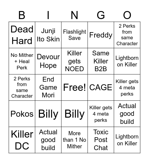 DBD Chaos Shuffle Bingo Card