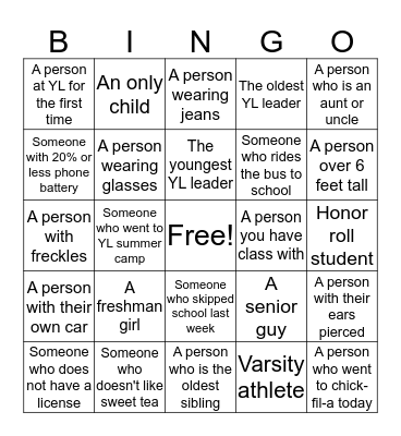 Younglife Bingo Card