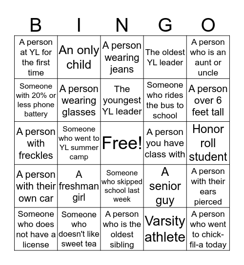Younglife Bingo Card