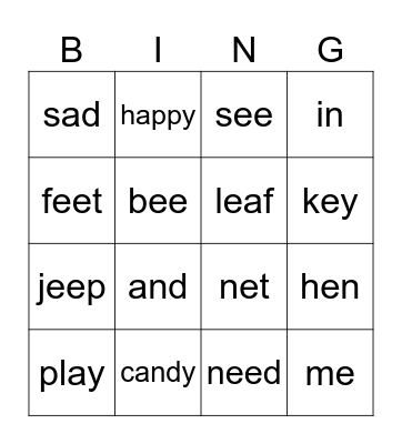 Long Vowel e Bingo Card