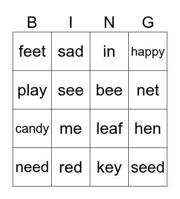 Long Vowel e Bingo Card