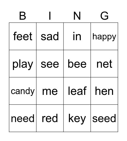Long Vowel e Bingo Card