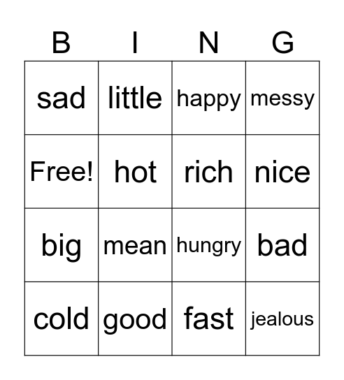 Synonym Bingo Card