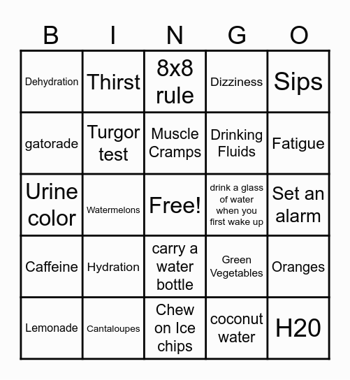 Dehydration Bingo Card