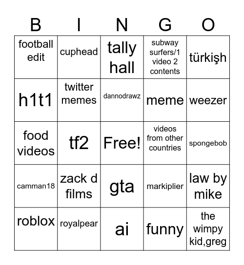 Youtube shorts Bingo Card