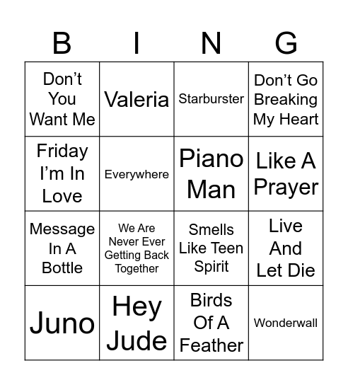 Music Bingo Card