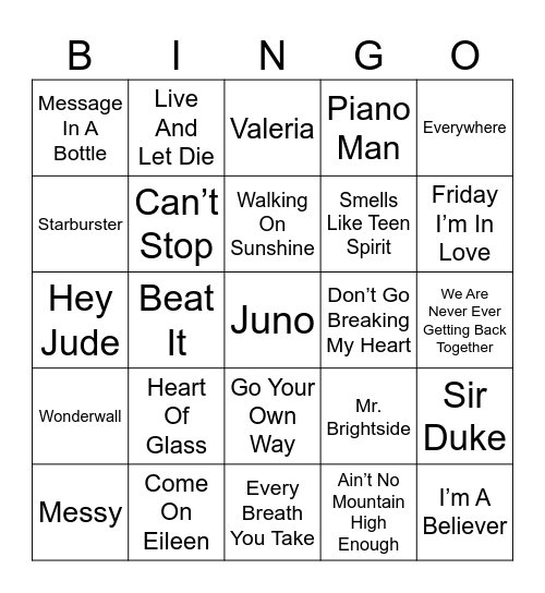 Music Bingo Card