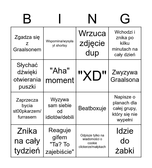 B I N G chilling Bartek Bingo Card