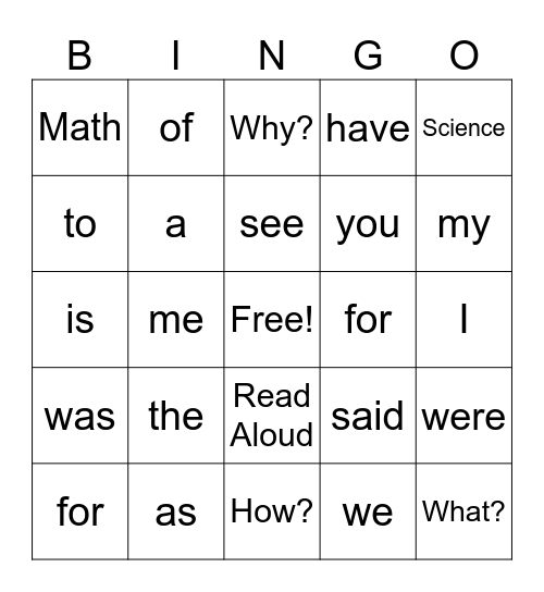 Sight Word Bingo Card