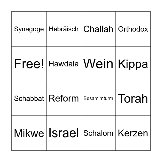 Judentum - Schabbat Bingo Card