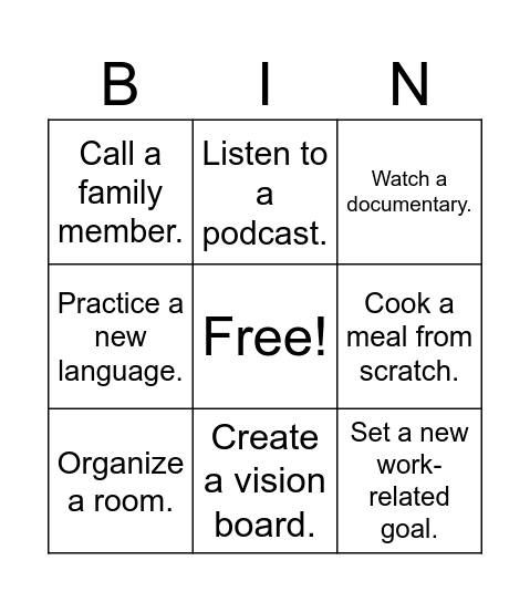 2025 Goals Bingo Card