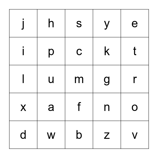 Lowercase Alphabet Bingo Card