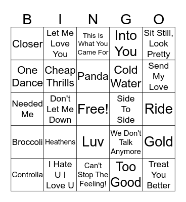 Pop Music Bingo Card