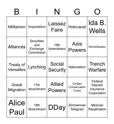 American Studies Bingo Card