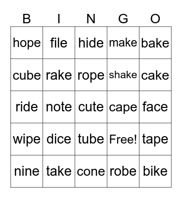 Magic E Bingo Card