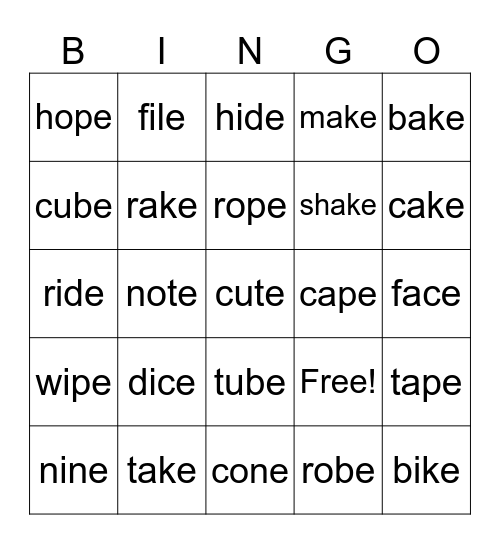 Magic E Bingo Card