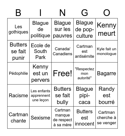 South Park Bingo (French) Bingo Card