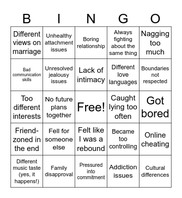 Break up moments Bingo Card