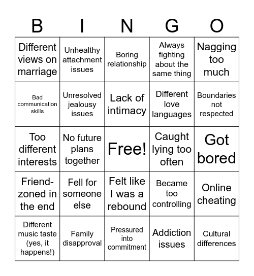 Break up moments Bingo Card
