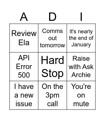 Addie Bingo Card