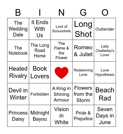 Romance Best Sellers Bingo Card
