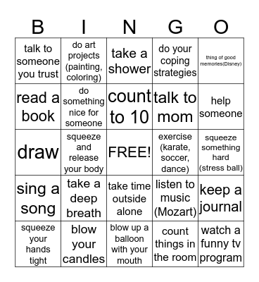 Coping Skills Bingo Card