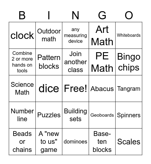 Hands-on Math Bingo Card