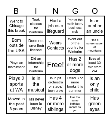 WA BINGO Spring Bingo Card