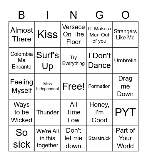 ZaKiyah's Playlist Bingo Card