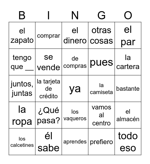 Vamos de compras- lado 1 Bingo Card