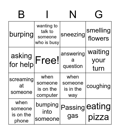 When I should say excuse me Bingo Card